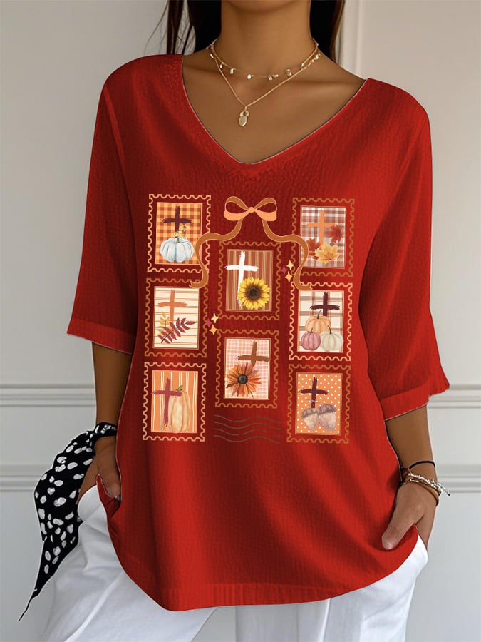 Women's Autumn Pumpkin Season Print Mid-Sleeve Casual T-Shirt