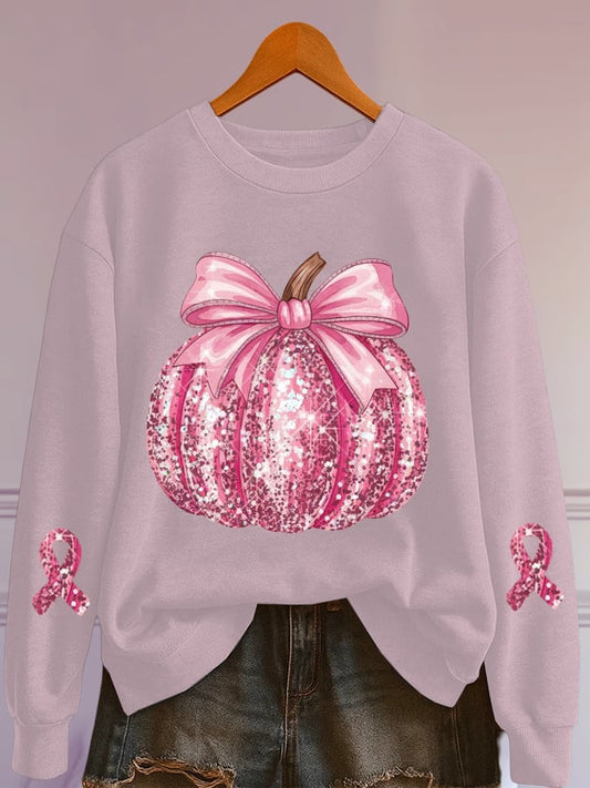 Women's Glitter Pumpkin Breast Cancer Print Sweatshirt