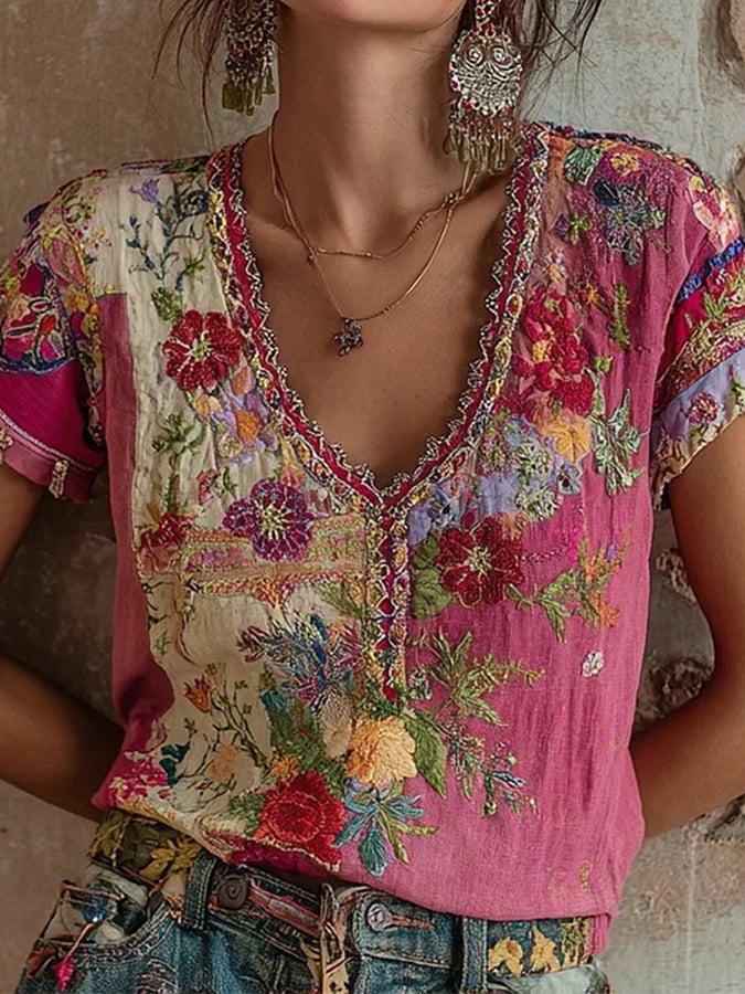 Women's Vintage Pink Floral Embroidery Art Round Neck Short Sleeve Linen Blend T-Shirt