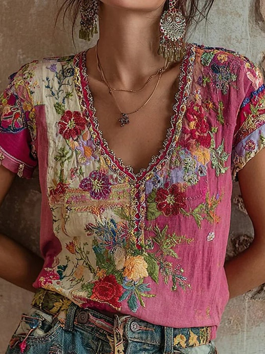 Women's Vintage Pink Floral Embroidery Art Round Neck Short Sleeve Linen Blend T-Shirt