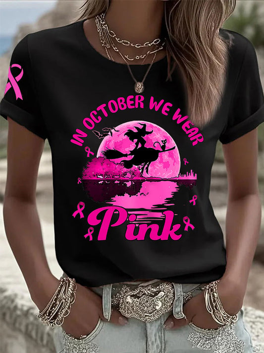 Women's In October We Wear Pink Breast Cancer Witch Print Casual T-shirt