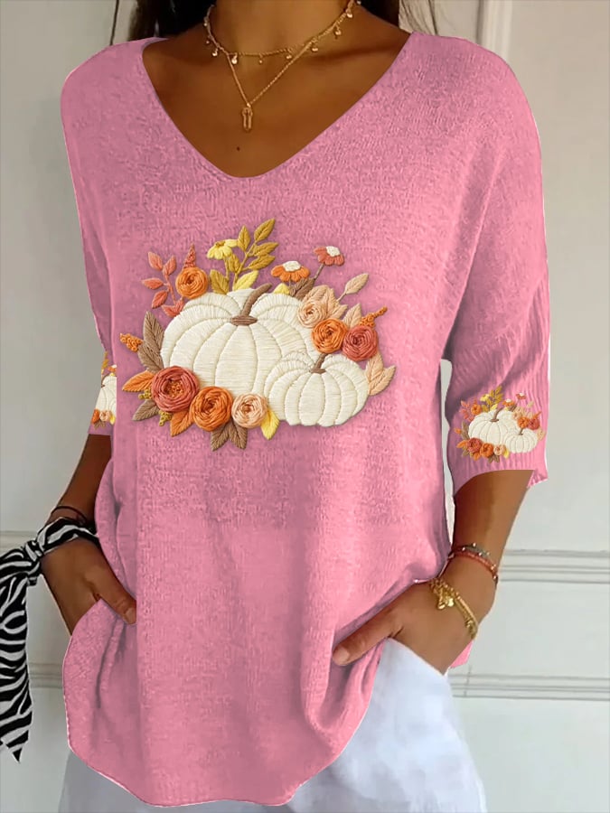 Women's Autumn Pumpkin Striped Three-quarter Sleeve Top