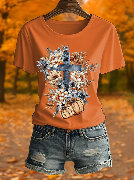 Women's Retro Autumn Pumpkin Print T-Shirt