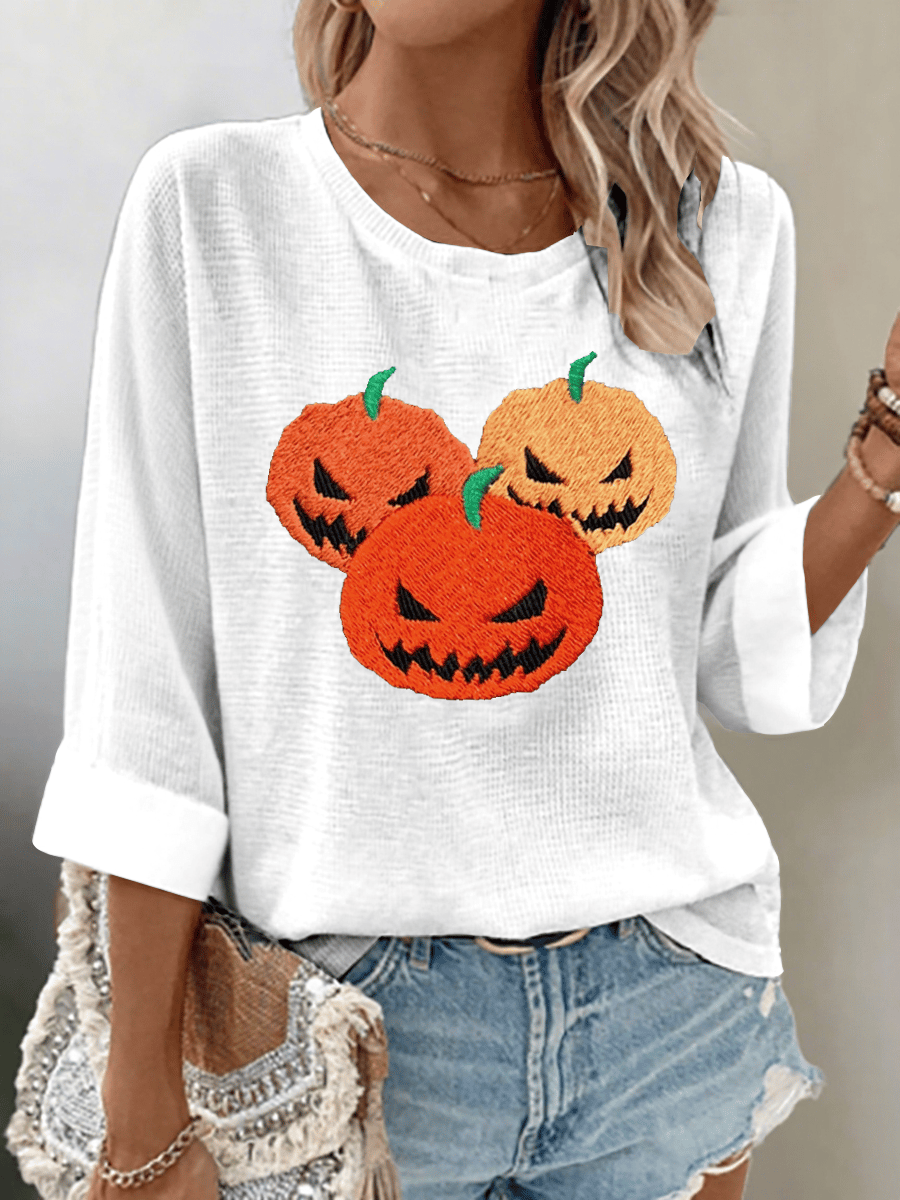 Women's Pumpkin Face Print 3/4 Sleeve T-Shirt
